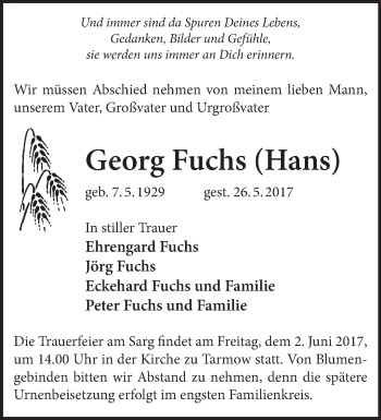 Traueranzeige von Georg Fuchs von Märkische Oderzeitung