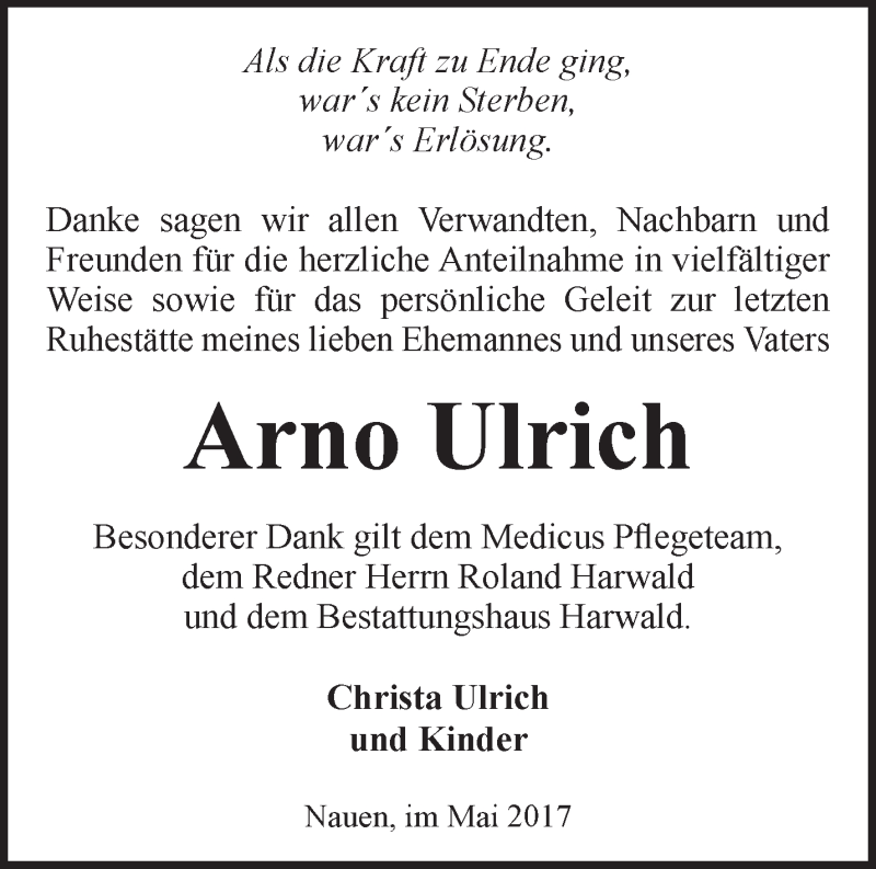  Traueranzeige für Arno Ulrich vom 07.05.2017 aus Märkische Oderzeitung