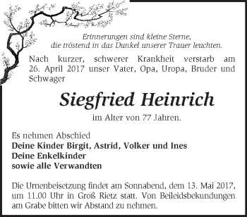 Traueranzeige von Siegfried Heinrich von Märkische Oderzeitung