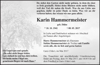 Traueranzeige von Karin Hammermeister von Märkische Oderzeitung