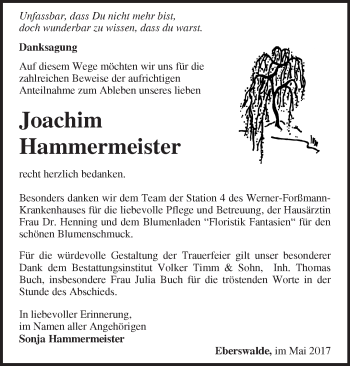 Traueranzeige von Joachim Hammermeister von Märkische Oderzeitung