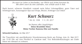 Traueranzeige von Kurt Schwarz von Märkische Oderzeitung