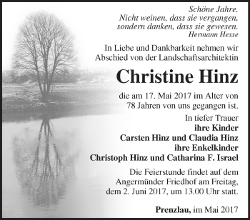 Traueranzeige von Christine Hinz von Märkische Oderzeitung