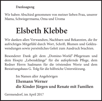 Traueranzeige von Elsbeth Klebbe von Märkische Oderzeitung