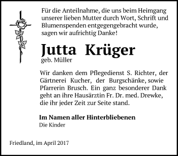 Traueranzeige von Jutta Krüger von Märkische Oderzeitung