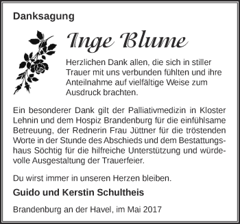 Traueranzeige von Inge Blume von Märkische Oderzeitung