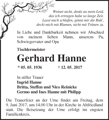 Traueranzeige von Gerhard Hanne von Märkische Oderzeitung