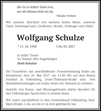 Traueranzeige von Wolfgang Schulze von Märkische Oderzeitung