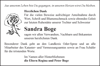 Traueranzeige von Sandra Boge von Märkische Oderzeitung