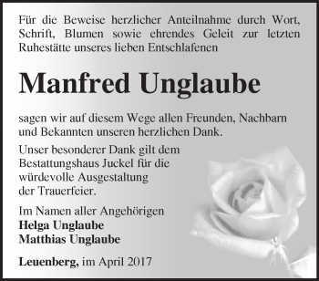 Traueranzeige von Manfred Unglaube von Märkische Oderzeitung