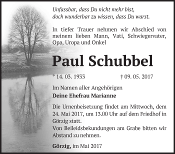 Traueranzeige von Paul Schubbel von Märkische Oderzeitung