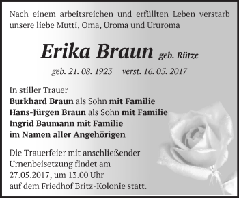 Traueranzeige von Erika Braun von Märkische Oderzeitung