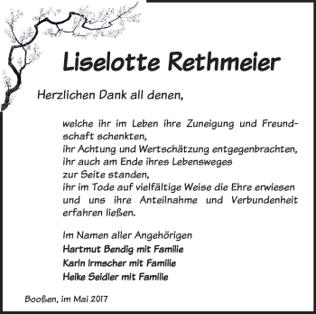 Traueranzeige von Liselotte Rethmeier von Märkische Oderzeitung