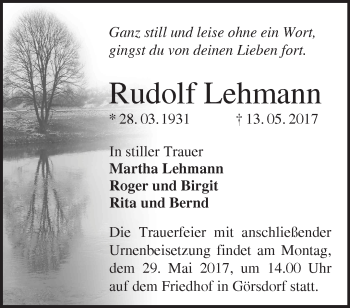 Traueranzeige von Rudolf Lehmann von Märkische Oderzeitung