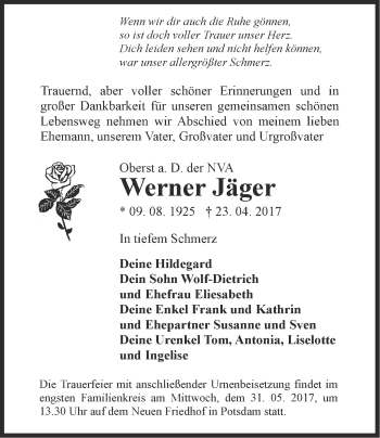 Traueranzeige von Werner Jäger von Märkische Oderzeitung