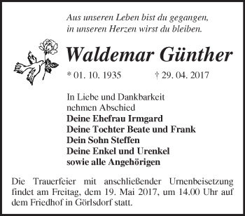 Traueranzeige von Waldemar Günther von Märkische Oderzeitung