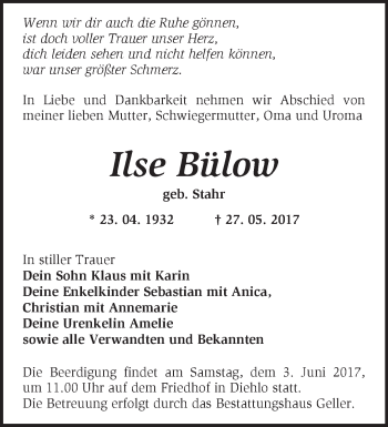 Traueranzeige von Ilse Bülow von Märkische Oderzeitung