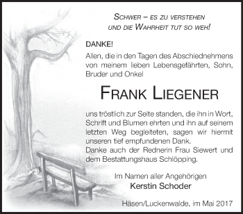 Traueranzeige von Frank Liegener von Märkische Oderzeitung