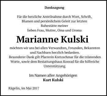 Traueranzeige von Marianne Kulski von Märkische Oderzeitung