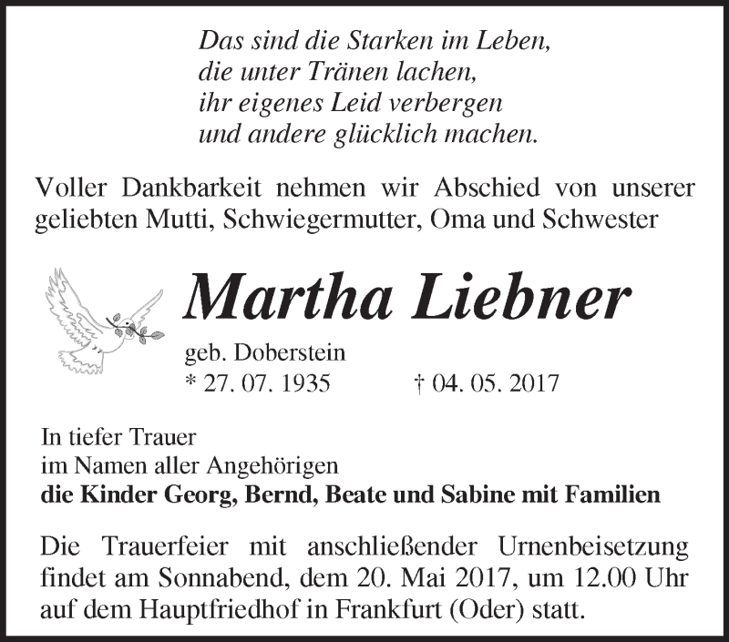  Traueranzeige für Martha Liebner vom 13.05.2017 aus Märkische Oderzeitung