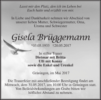 Traueranzeige von Gisela Brüggemann von Märkische Oderzeitung