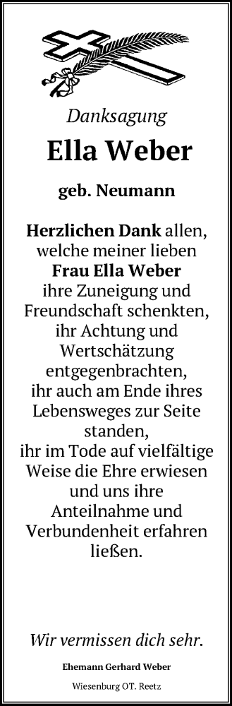 Traueranzeige von Ella Weber von Märkische Oderzeitung