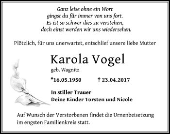 Traueranzeige von Karola Vogel von Märkische Oderzeitung