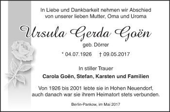 Traueranzeige von Ursula Gerda Goën von Märkische Oderzeitung