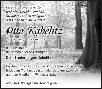 Traueranzeige von Otto Kabelitz von Märkische Oderzeitung