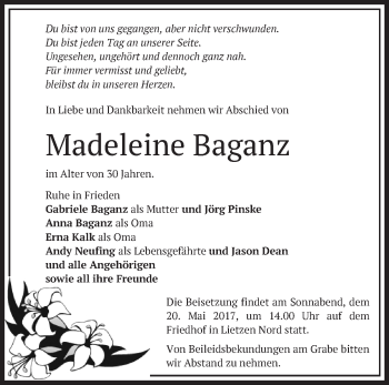 Traueranzeige von Madeleine Baganz von Märkische Oderzeitung