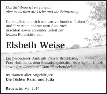 Traueranzeige von Elsbeth Weise von Märkische Oderzeitung