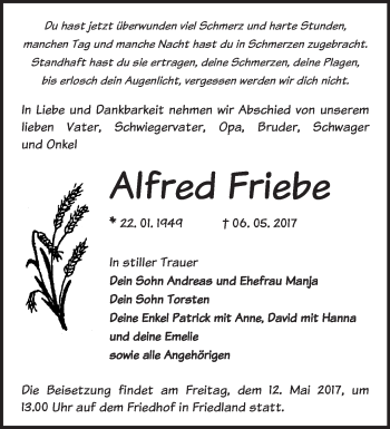 Traueranzeige von Alfred Friebe von Märkische Oderzeitung