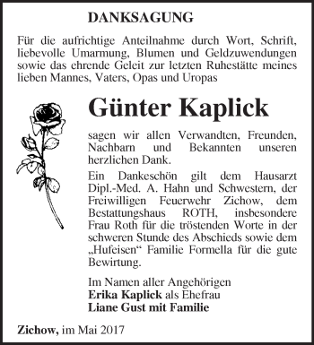 Traueranzeige von Günter Kaplick von Märkische Oderzeitung