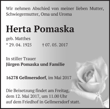 Traueranzeige von Herta Pomaska von Märkische Oderzeitung