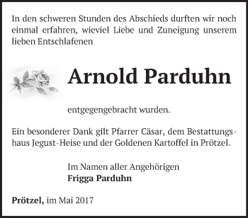 Traueranzeige von Arnold Parduhn von Märkische Oderzeitung