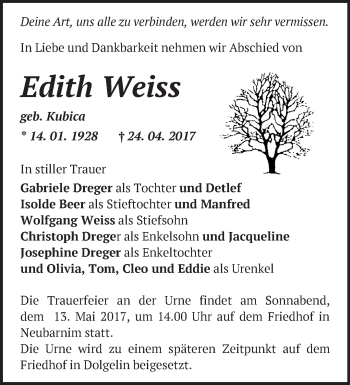 Traueranzeige von Edith Weiss von Märkische Oderzeitung