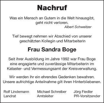 Traueranzeige von Sandra Boge von Märkische Oderzeitung