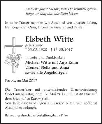 Traueranzeige von Elsbeth Witte von Märkische Oderzeitung