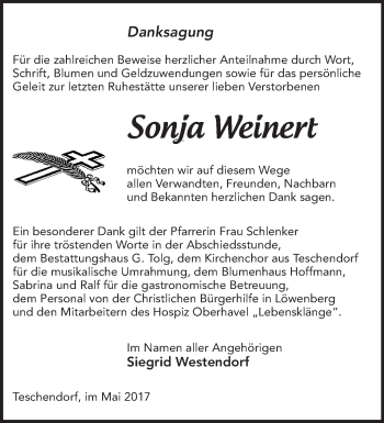 Traueranzeige von Sonja Weinen von Märkische Oderzeitung