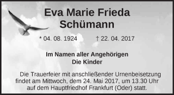 Traueranzeige von Eva Marie Frieda Schümann von Märkische Oderzeitung