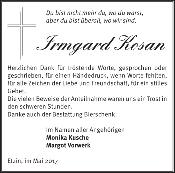 Traueranzeige von Irmgard Kosan von Märkische Oderzeitung