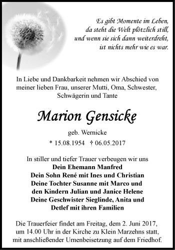 Traueranzeige von Marion Gensicke von Märkische Oderzeitung