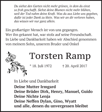 Traueranzeige von Torsten Ramp von Märkische Oderzeitung