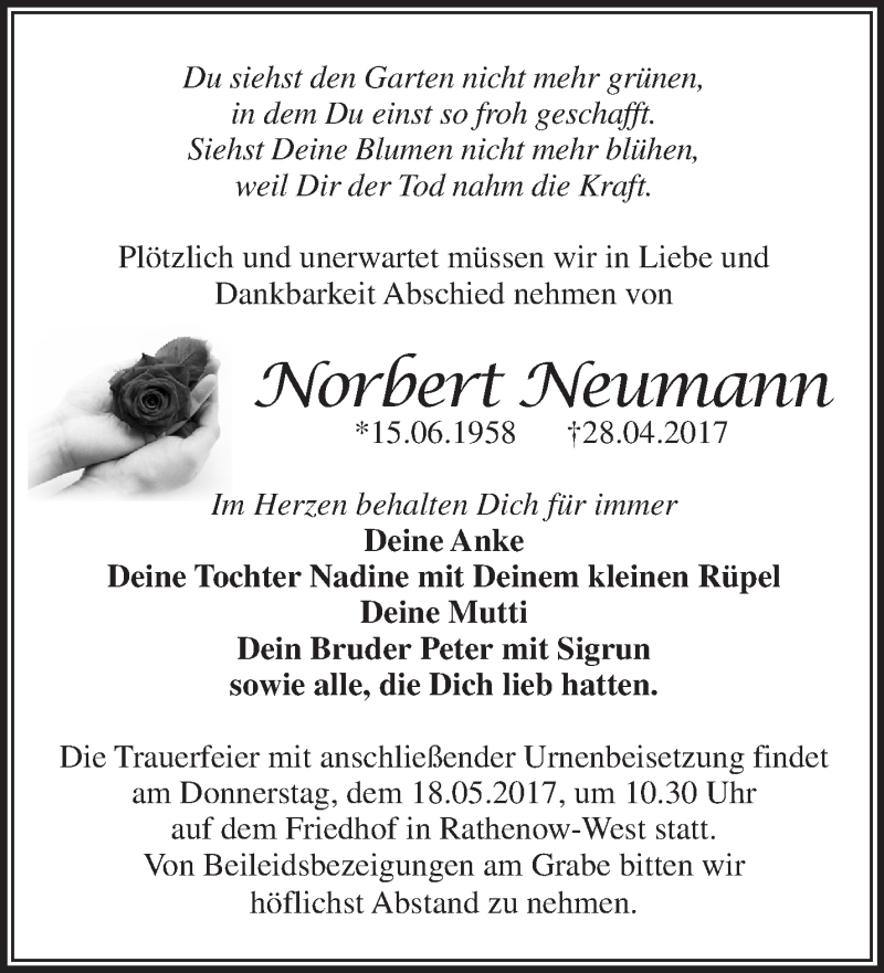  Traueranzeige für Norbert Neumann vom 07.05.2017 aus Märkische Oderzeitung