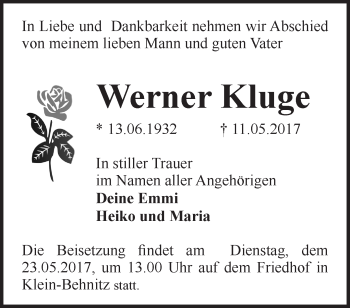 Traueranzeige von Werner Kluge von Märkische Oderzeitung