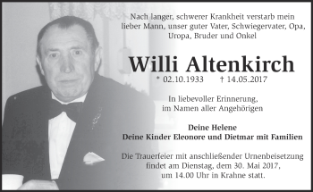 Traueranzeige von Willi Altenkirch von Märkische Oderzeitung