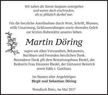 Traueranzeige von Martin Döring von Märkische Oderzeitung