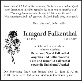 Traueranzeige von Irmgard Falkenthal von Märkische Oderzeitung