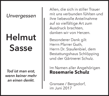 Traueranzeige von Helmut Sasse von Märkische Oderzeitung