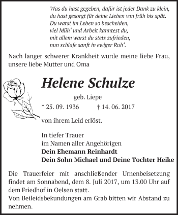 Traueranzeige von Helene Schulze von Märkische Oderzeitung